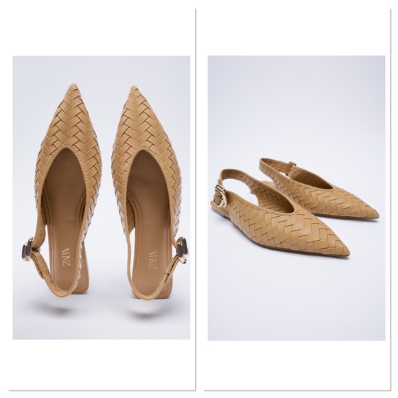 NWT Zara Tan Pointed Toe Woven Buckle Ankle Strap Slingback Flats - Picture 1 of 11